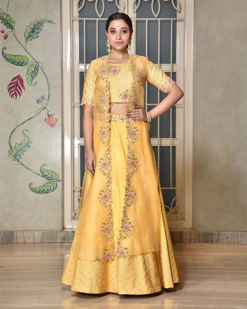 Yellow Designer Reception and wedding lehenga with split jacket and  Embellishment -