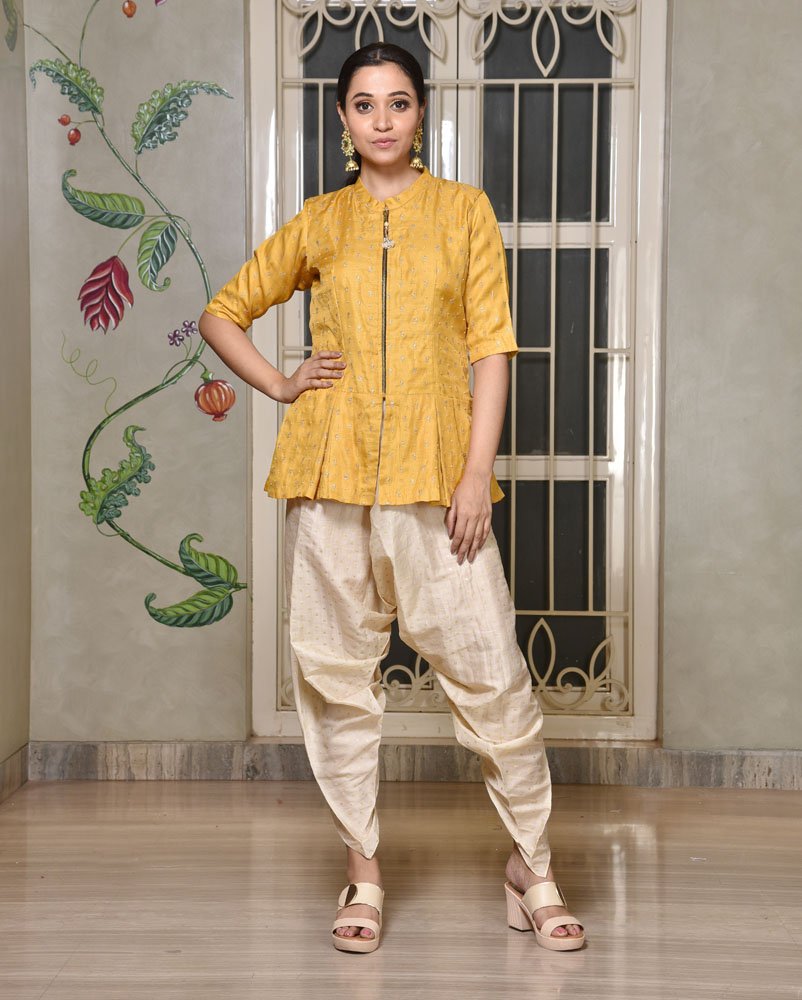 Two Sisters By Gyans Embroidered Peplum Top Dhoti Pant Set | Yellow,  Mirror, Viscose, V Neck, Sleeveless | Peplum top outfits, Dhoti pants,  Contemporary clothes