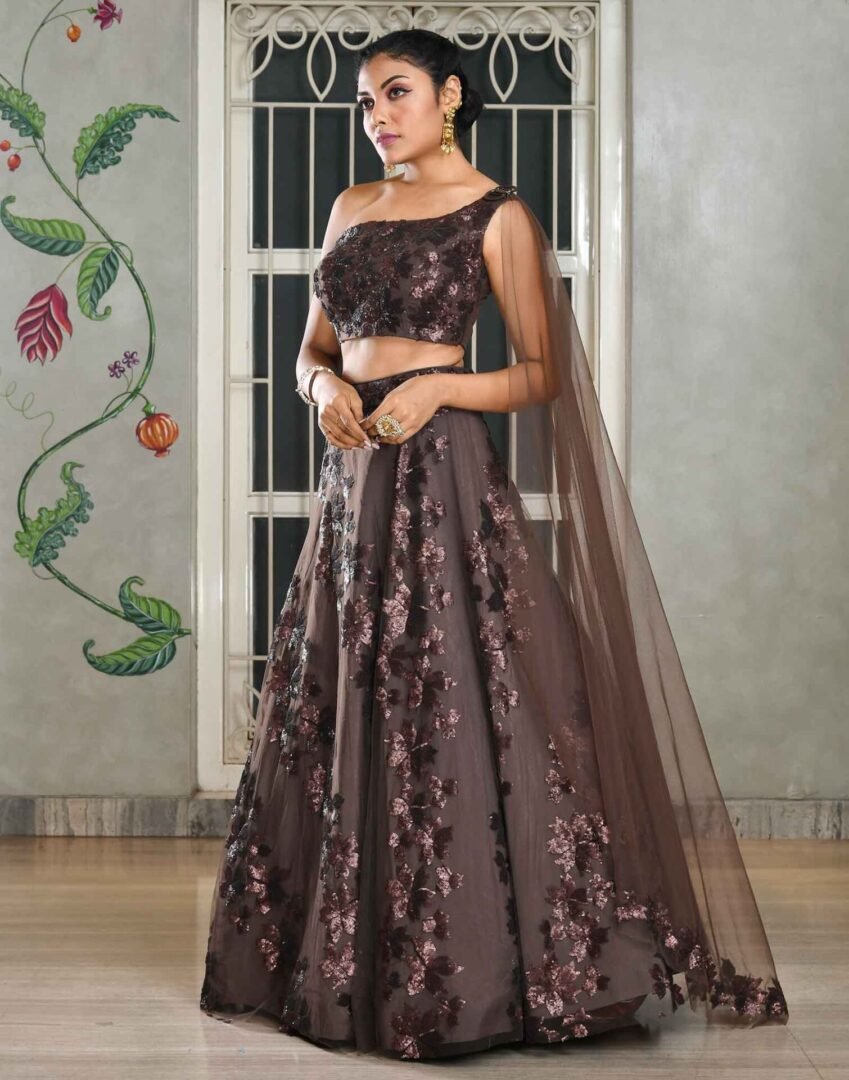 Kalamkari Dark Brown Color Lehenga With Contrast Border - Aazuri